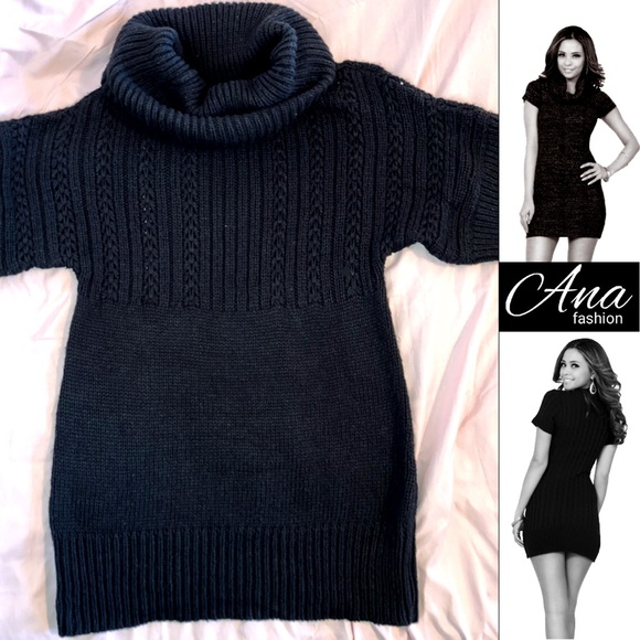 ana Black Cowl Neck Cable Knit Mini Sweater Dress - Picture 1 of 3
